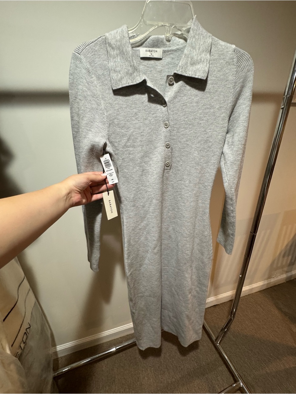 NWT Babaton Light Gray Ribbed Polo Midi Dress